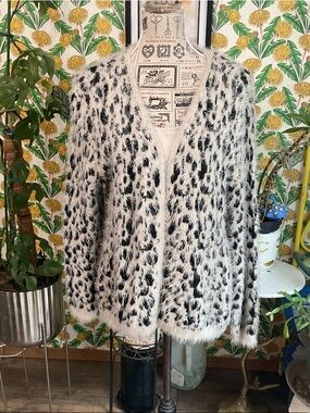 XOXO Cream and Black Fuzzy Leopard-Print V-Neck Cardigan